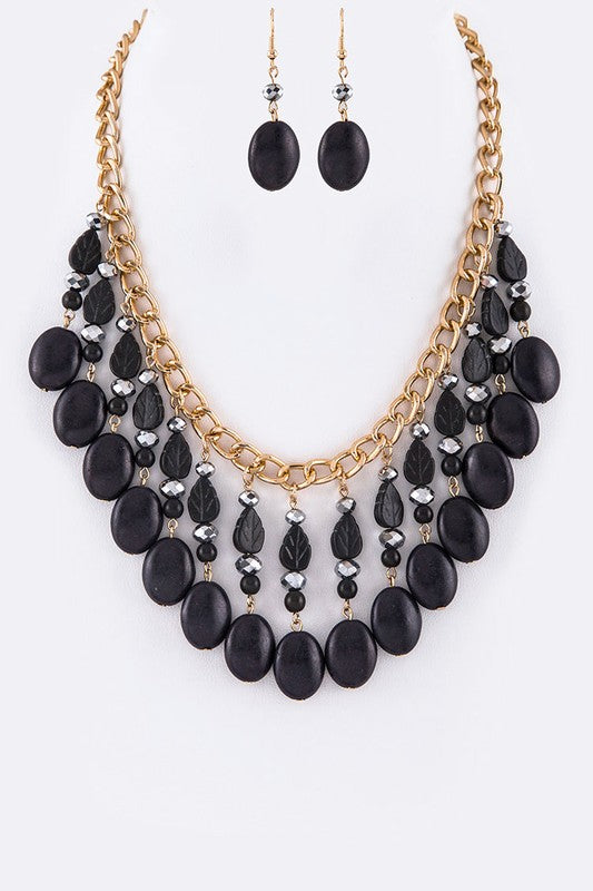 Carved Stone Leafs & Beads Statement Necklace Set bestfashion mn