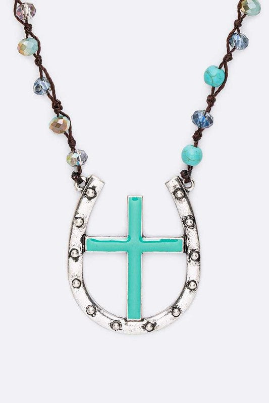 Cross Horse Shoe Pendant Mix Beads Necklace Set bestfashion mn