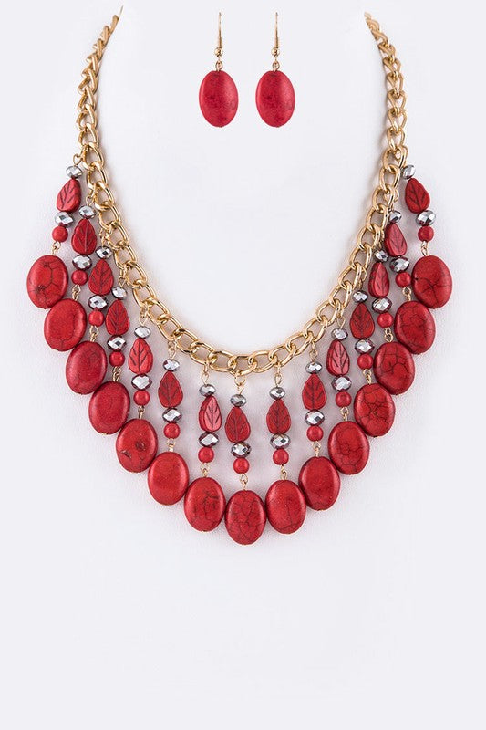 Carved Stone Leafs & Beads Statement Necklace Set bestfashion mn