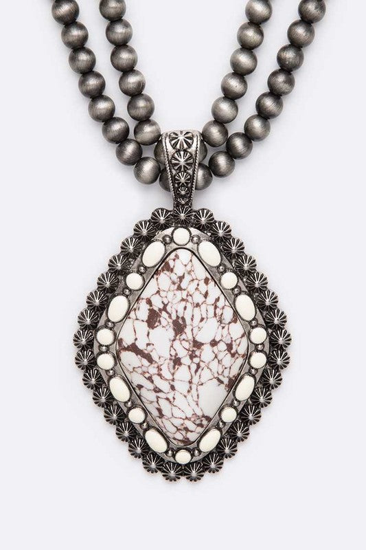 Large Stone Pendant Navajo Beads Long Necklace Set bestfashion mn