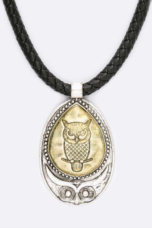 Vintage Owl Pendant Braided Leather Necklace