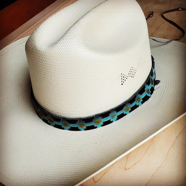 Blue Navajo Embossed Leather Hat Band