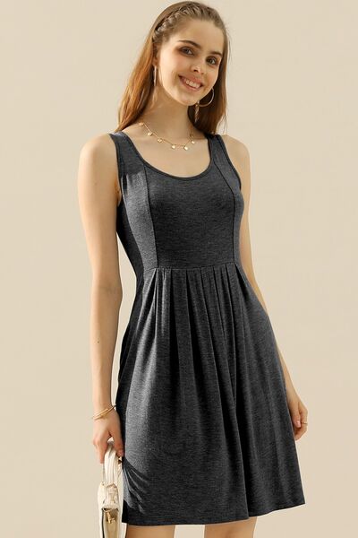 Full Size Round Neck Ruched Sleeveless Dress with Pockets