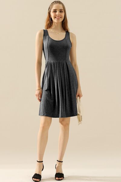 Full Size Round Neck Ruched Sleeveless Dress with Pockets