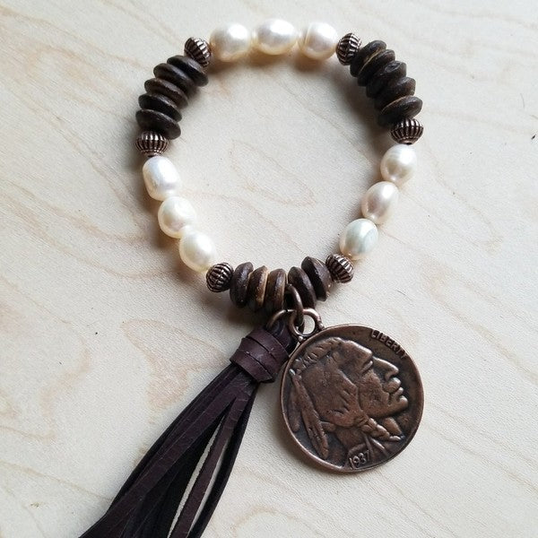 Pearl and Wood Bracelet with Coin and Tassel