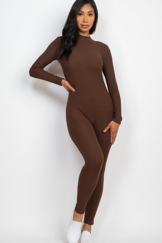 Ribbed Mock Neck Long Sleeve Casual Jumpsuit