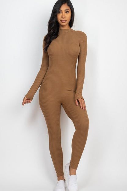 Ribbed Mock Neck Long Sleeve Casual Jumpsuit