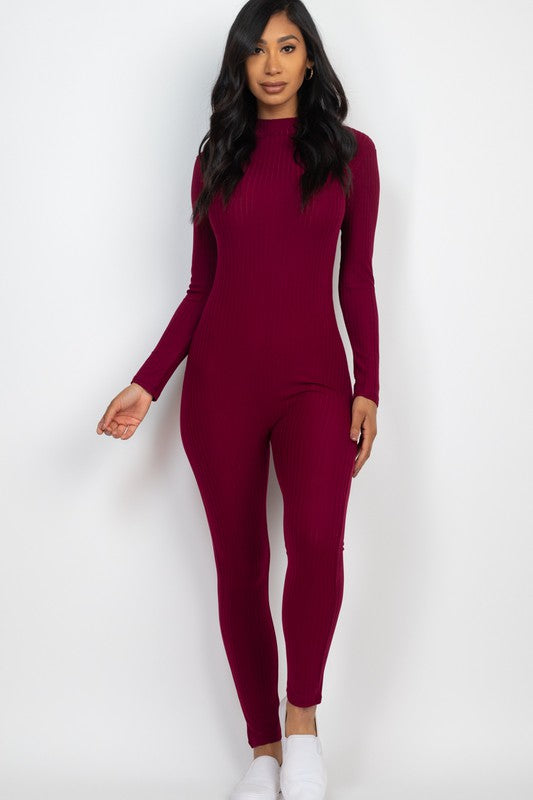 Ribbed Mock Neck Long Sleeve Casual Jumpsuit bestfashion mn