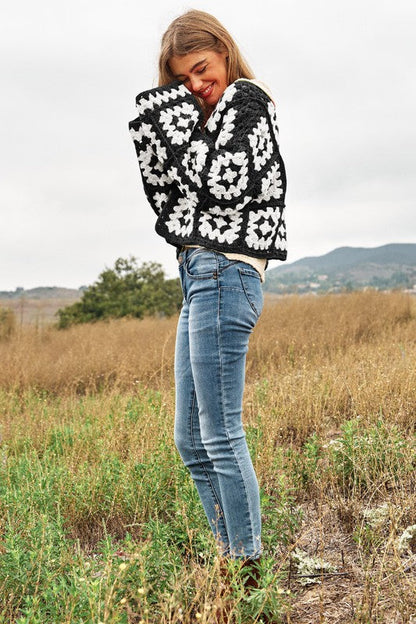 Two-Tone Floral Square Crochet Open Knit Cardigan bestfashion mn