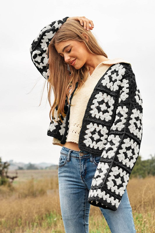 Two-Tone Floral Square Crochet Open Knit Cardigan bestfashion mn