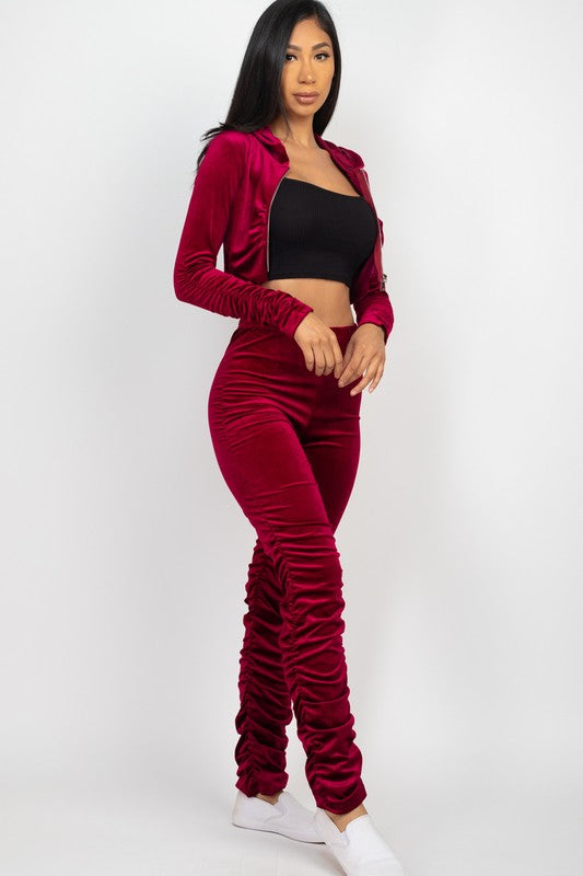 Velour Ruched Zip Up Jacket & Stacked Pants Set