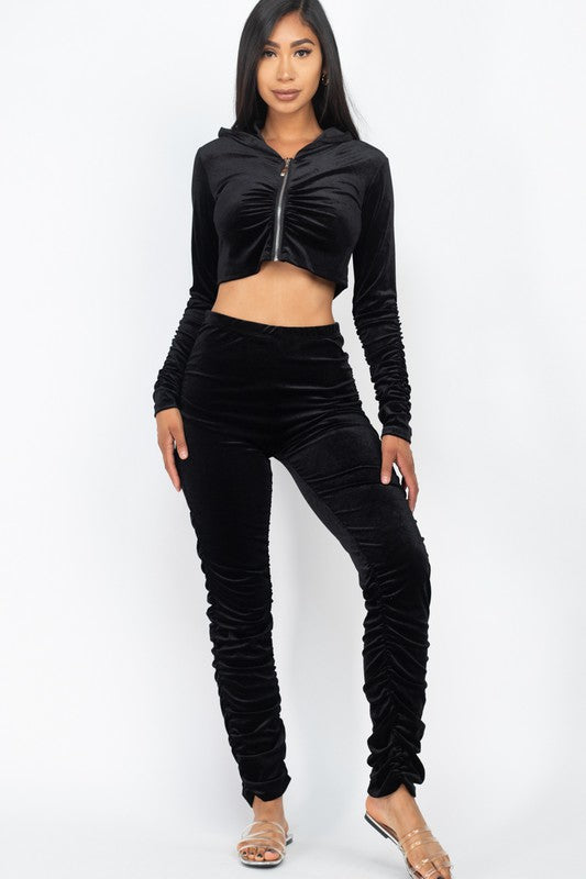Velour Ruched Zip Up Jacket & Stacked Pants Set