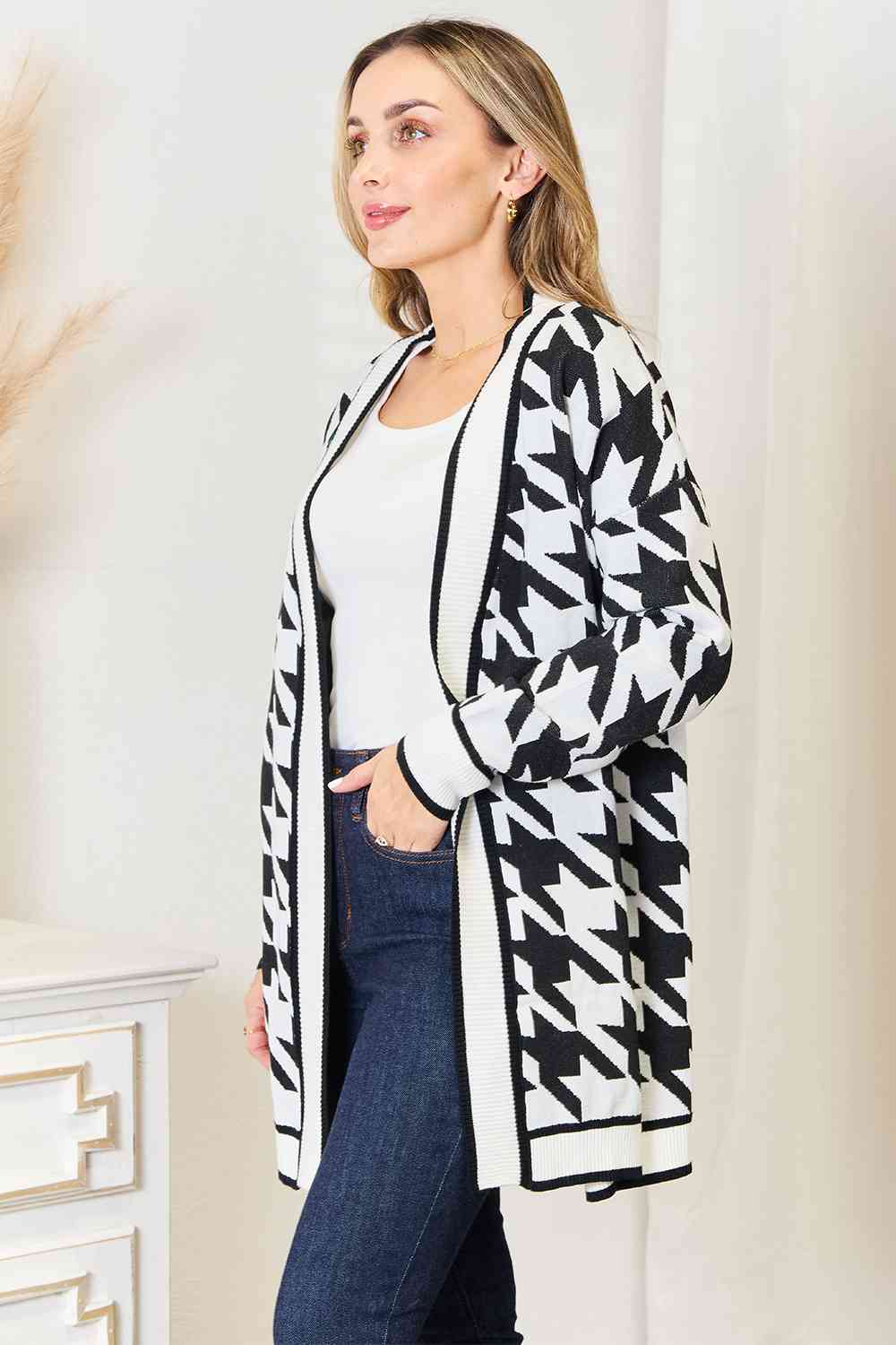 Woven Right Houndstooth Open Front Longline Cardigan bestfashion mn