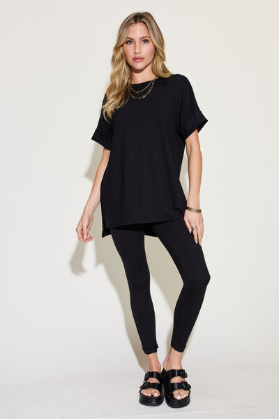 Zenana Plus Size Short Sleeve Slit T-Shirt and Leggings Lounge Set